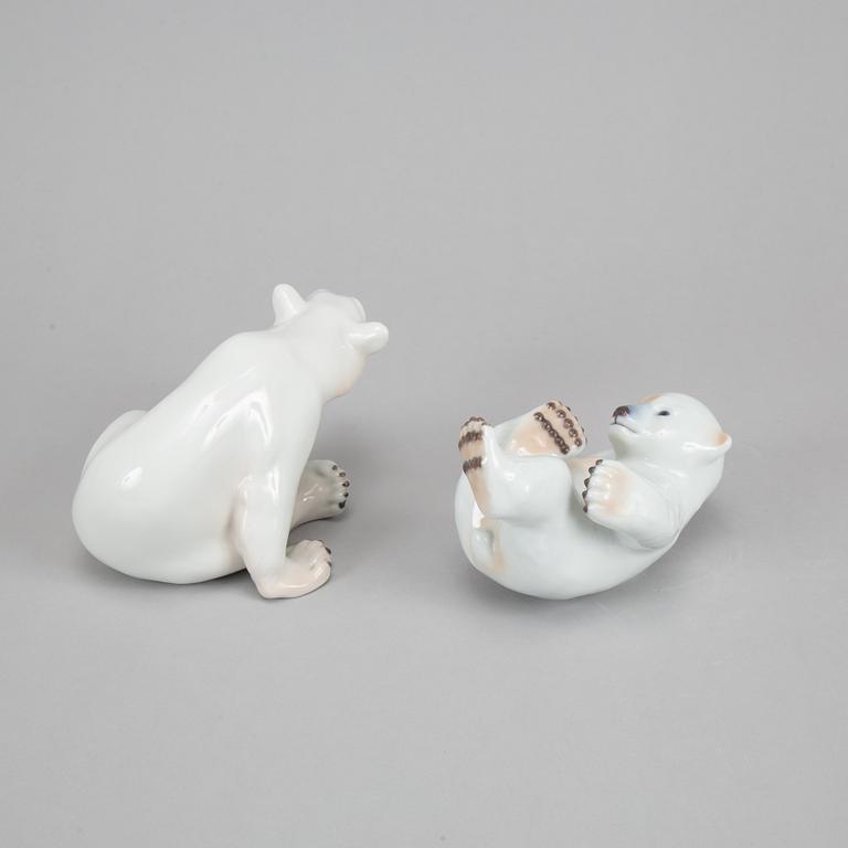 Royal Copenhagen, two porcelain polar bears, 537 and 1629, Denmark, 1985-2004.