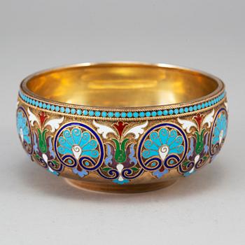 A Russian silver-gilt and cloisonné enamel bowl, mark of Chlebnikov, Moscow 1899-1908.