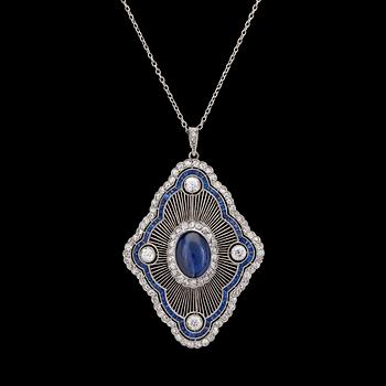 827. A blue sapphire and diamond pendant/brooch, tot. app. 1.80 cts, c. 1915.