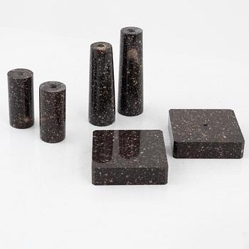 Six parts of porphyr to make candlesticks, 20th Century.