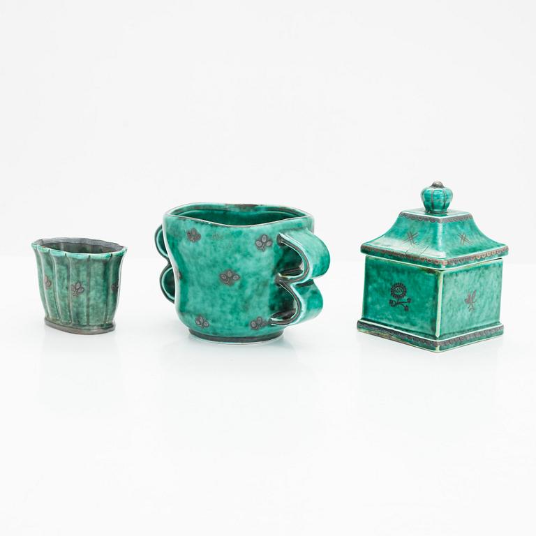 Wilhelm Kåge, An 'Argenta' lidded jar, a cup with handles and a bowl, Gustavsberg, Sweden.