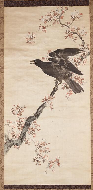 Two Chinese and Japanese hanging scrolls, ink and colour on silk and paper, 20th century.