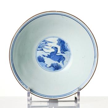 A blue and white 'eight horses of Muwang' bowl, Qing dynasty, Shunzhi period, mid 17th century.