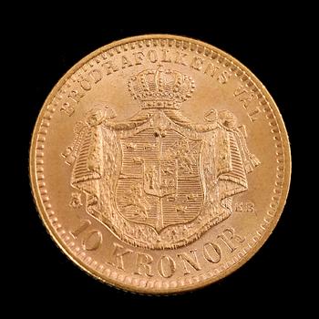 GULDMYNT, 10 kronor, Oscar II, 1901. Vikt ca 5 gram.