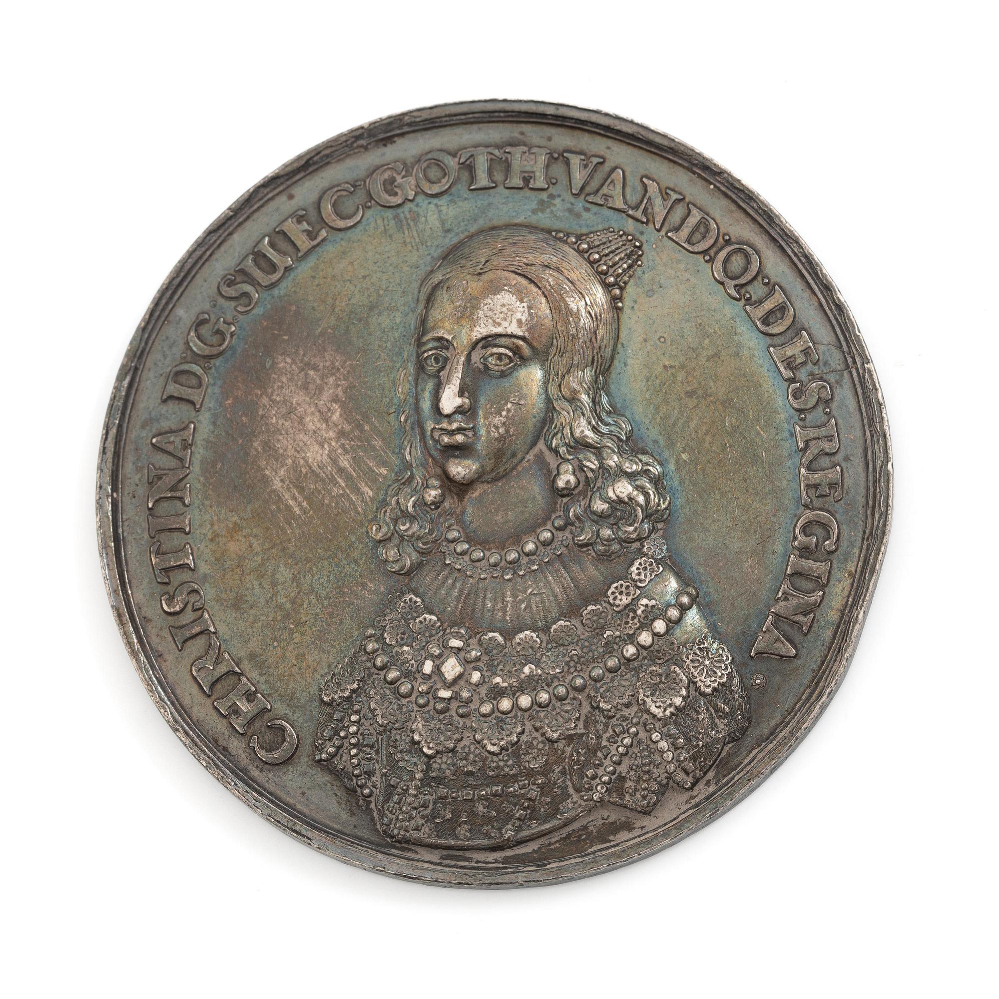Minnespening, Kristina utkorad till drottning efter faderns död 1632, av Sebastian Dadler (medaljgravör, 1586-1657).
