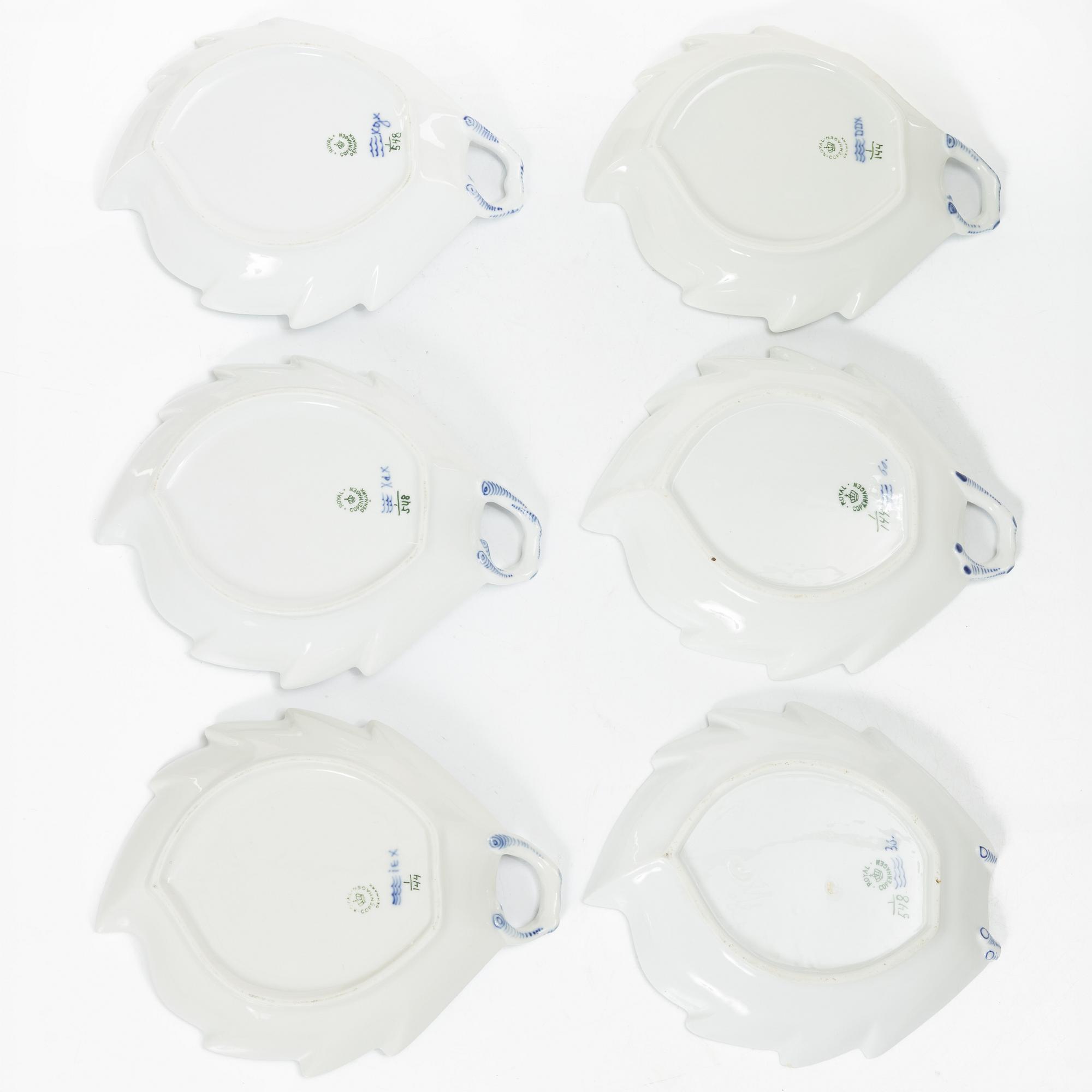 Royal Copenhagen, Six Leaf-shaped 'Musselmalet' dishes, Denmark, 20th century.