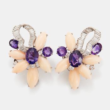 464. A pair of 18K white gold earrings set with faceted amethyst and coral.