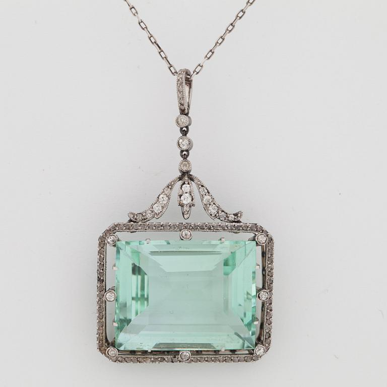 A circa 37.00 ct aquamarine and rose- and old-cut diamond pendant.
