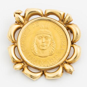 Brosch 18K guld med infattat guldmynt/medalj, Venezuela.