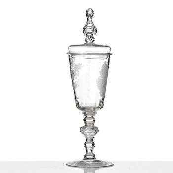 A large Bohemian glass goblet with cover, 18th Century.