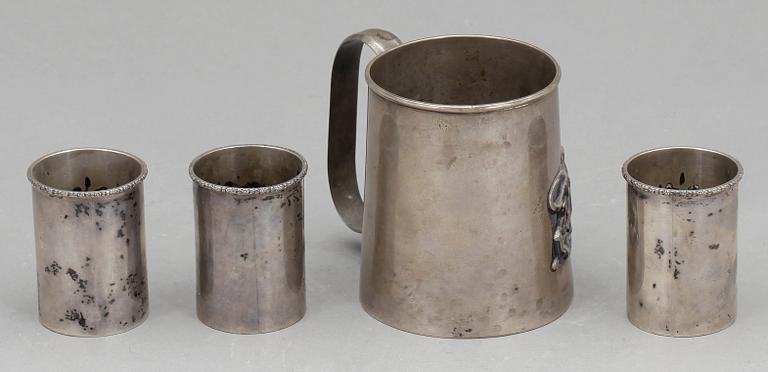 MUGG SAMT 3 BÄGARE, silver, B.A. Sevadjian, Etiopien, 1960-tal. Tot ca 415 gram.
