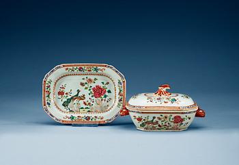 A famille rose 'double peacock' tureen with cover and stand, Qing dynasty, Qianlong (1736-95).