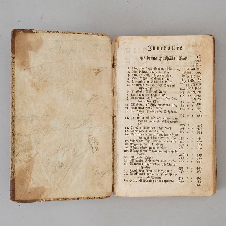 KOKBOK 2 st, Cajsa Warg "Hjelpreda i hushållningen för unga fruentimber" och Gustafva Björklund "Kokbok", bl a 1849.