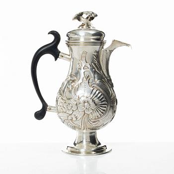 Kaffekanna, silver. Troligen Nordtyskland/Danmark, 1700-tal.