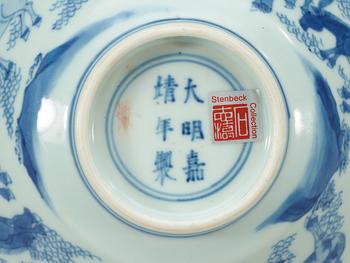 A blue and white Transitional bowl, 17th Century, with Jiajing six character mark.
