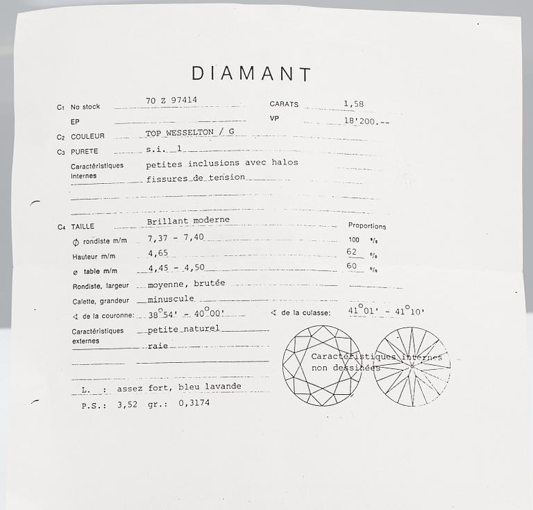 Sormus, 18K valkokultaa ja timantti n. 1.58 ct. Todistuksella.