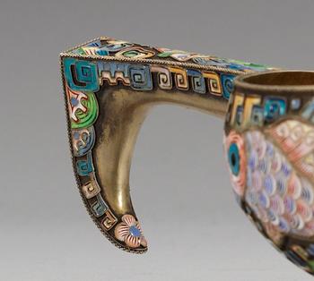 A RUSSIAN SILVER-GILT AND ENAMEL KOVSH, makers mark of Fyed Ruch, Moscow 1908-1917.