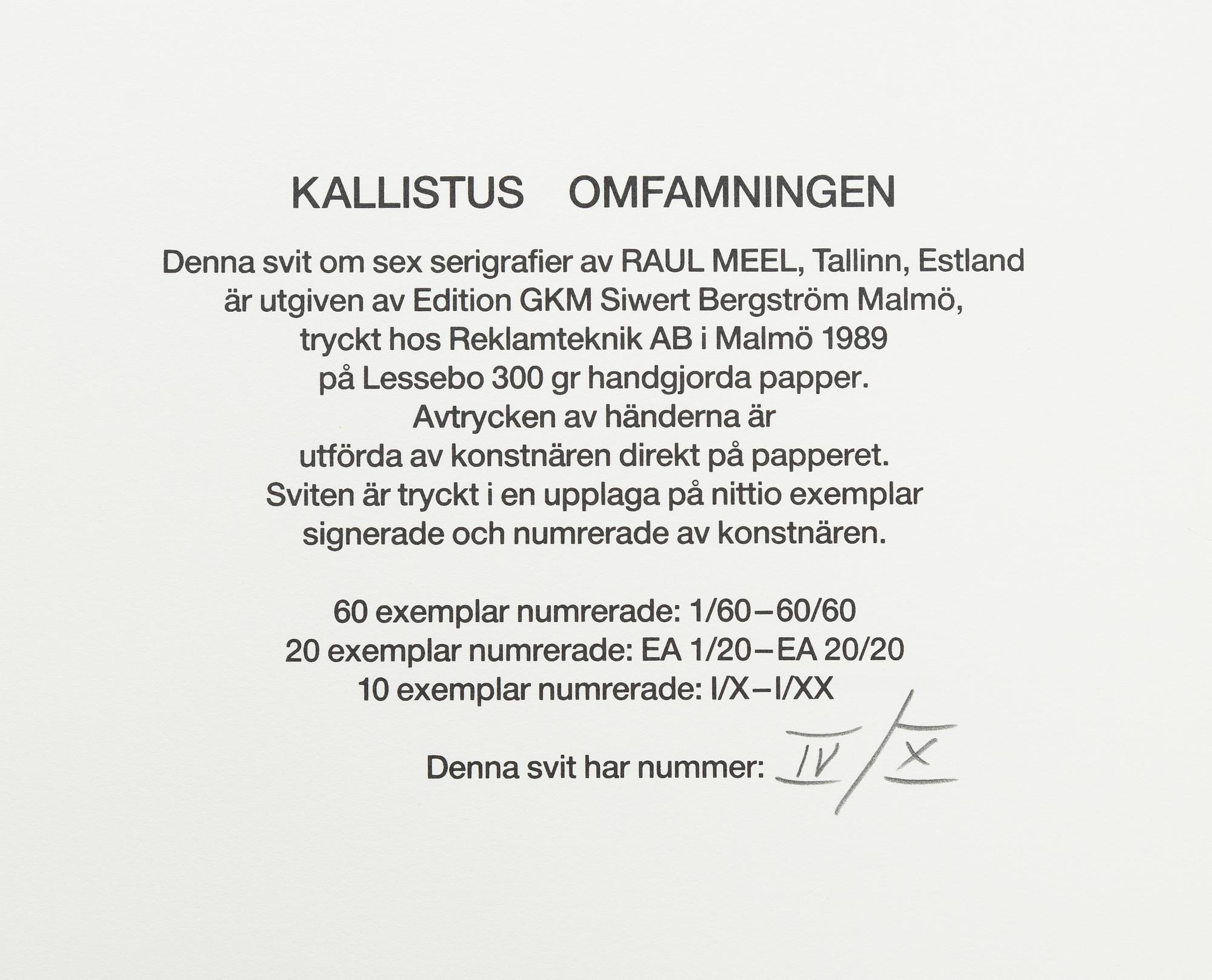 Raul Meel, portfolio with 6 silkscreen in colours, 1989, signed IV/X.