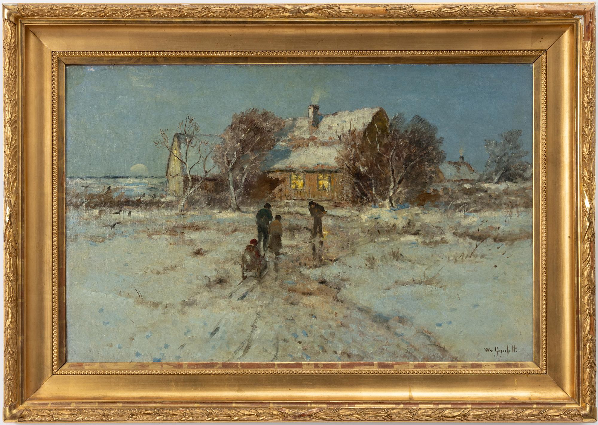 Wilhelm von Gegerfelt, Winter landscape with figures at dusk.