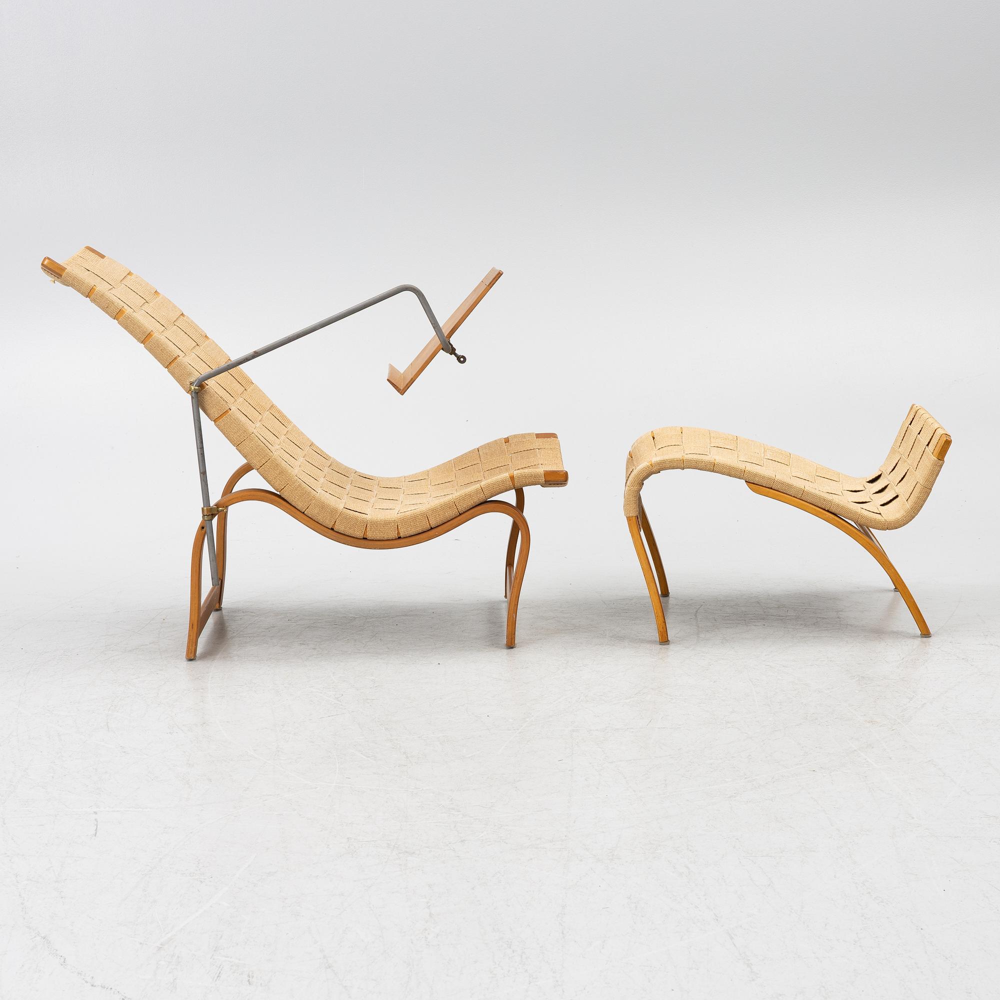 Bruno Mathsson, Chair, "Vilstol mod. 36", with reading table, and footstool "Pernilla", Karl Mathsson Company, Värnamo.