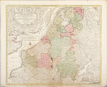 KARTOR, 3 st, kolorerade kopparstick, Belgien, 1700-tal.