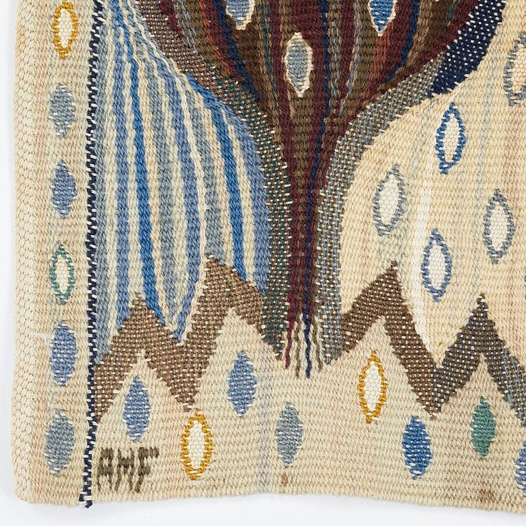 Ann-Mari Forsberg, född Lindbom, vävnad, "Blå crocus", gobelängvariant, ca 31,5-32 x 39-39,5 cm, signerad AMF.