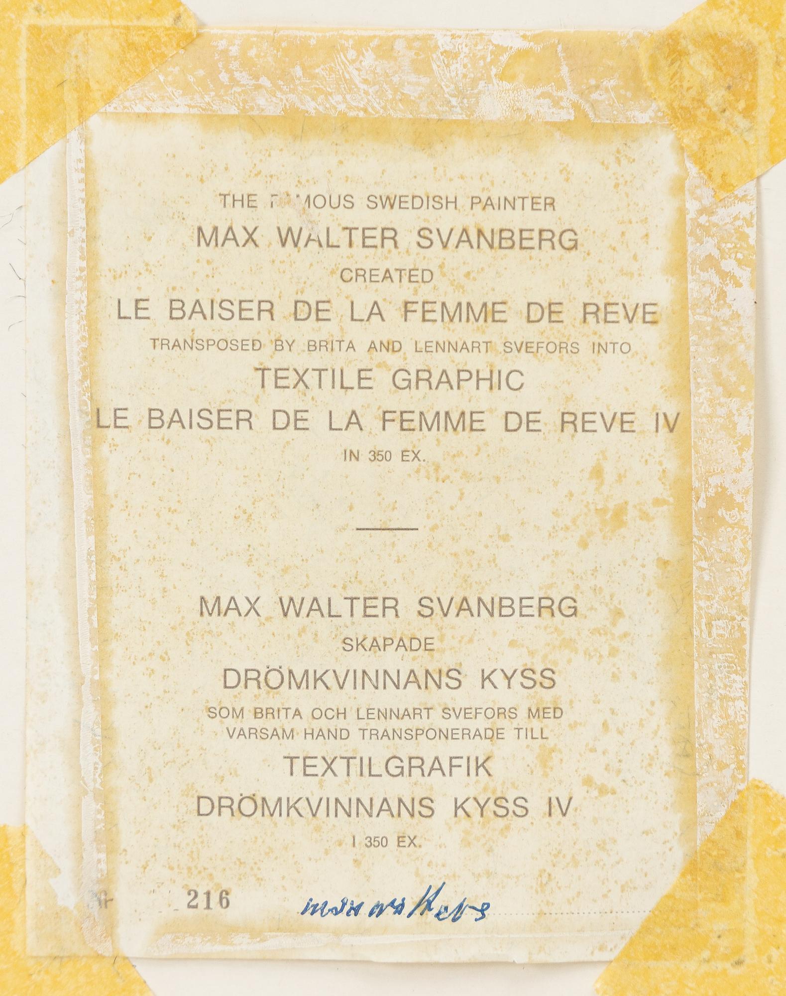 Max Walter Svanberg, "Drömkvinnans kyss".