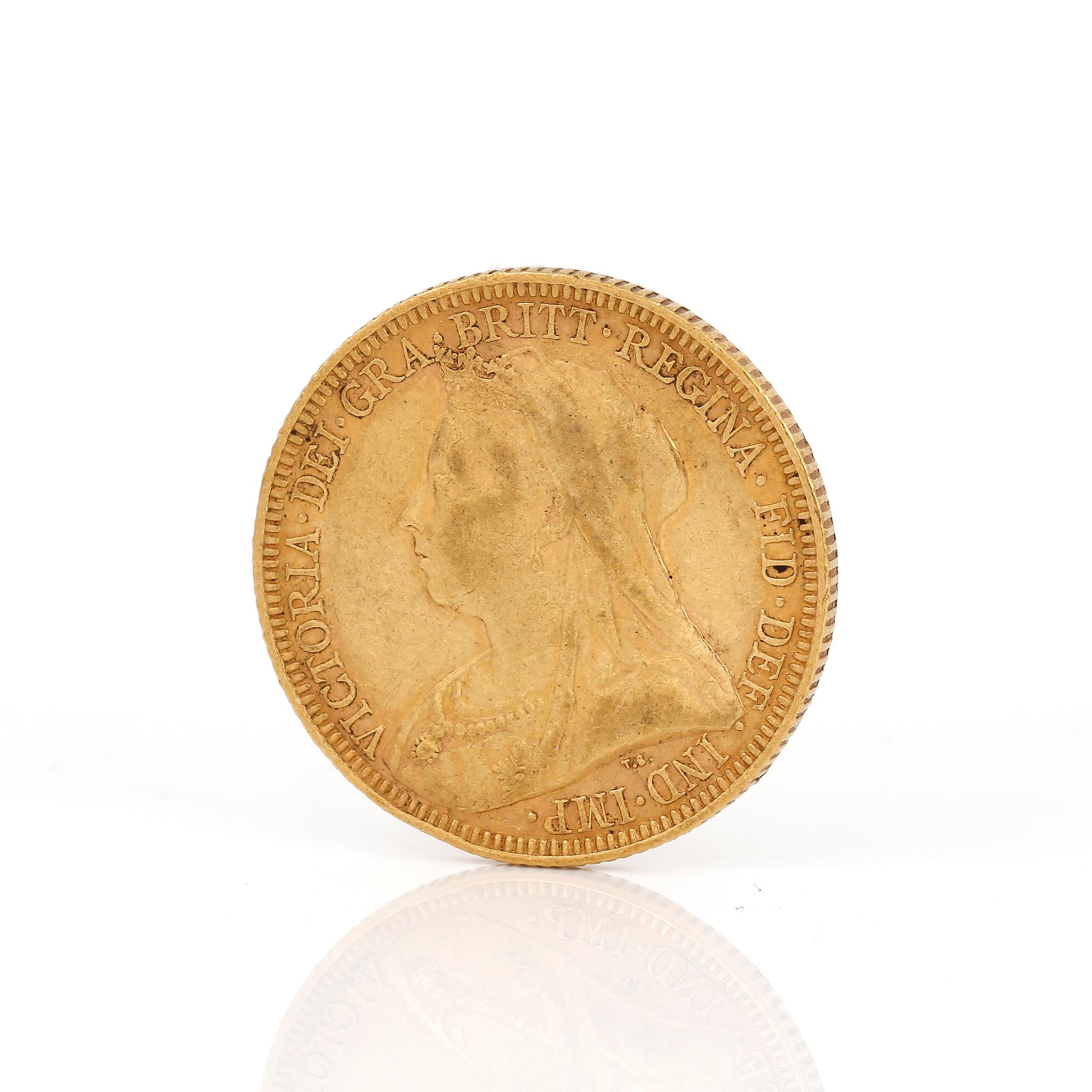 GULDMYNT, sovereign, Victoria, Storbrittannien 1893. Vikt ca 7 g.