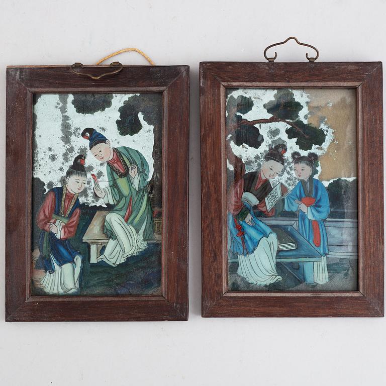 Five Chinese reverse glass paintings, 20th century.