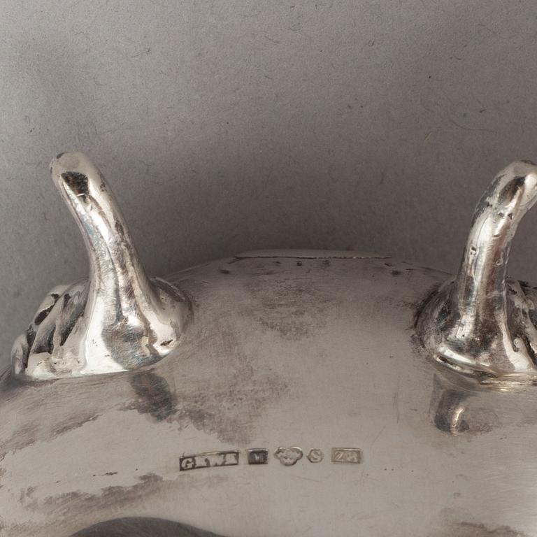 A silver mocha pot, creamer, sugar bowl and tray, some with mark of Gewe, Malmö 1950-51.