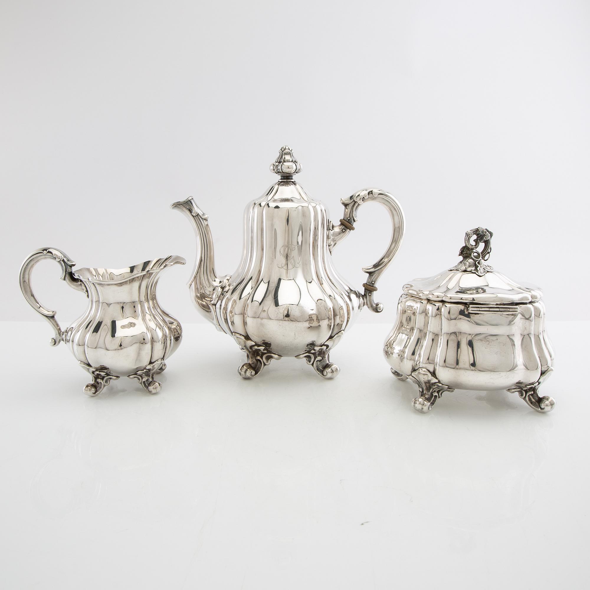Gustaf Fredrik Hallengren Tea Service 3 dlr Rococo style silver Malmö 1934.