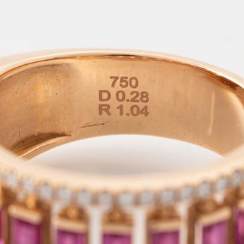 Step cut ruby and brilliant cut diamond ring.