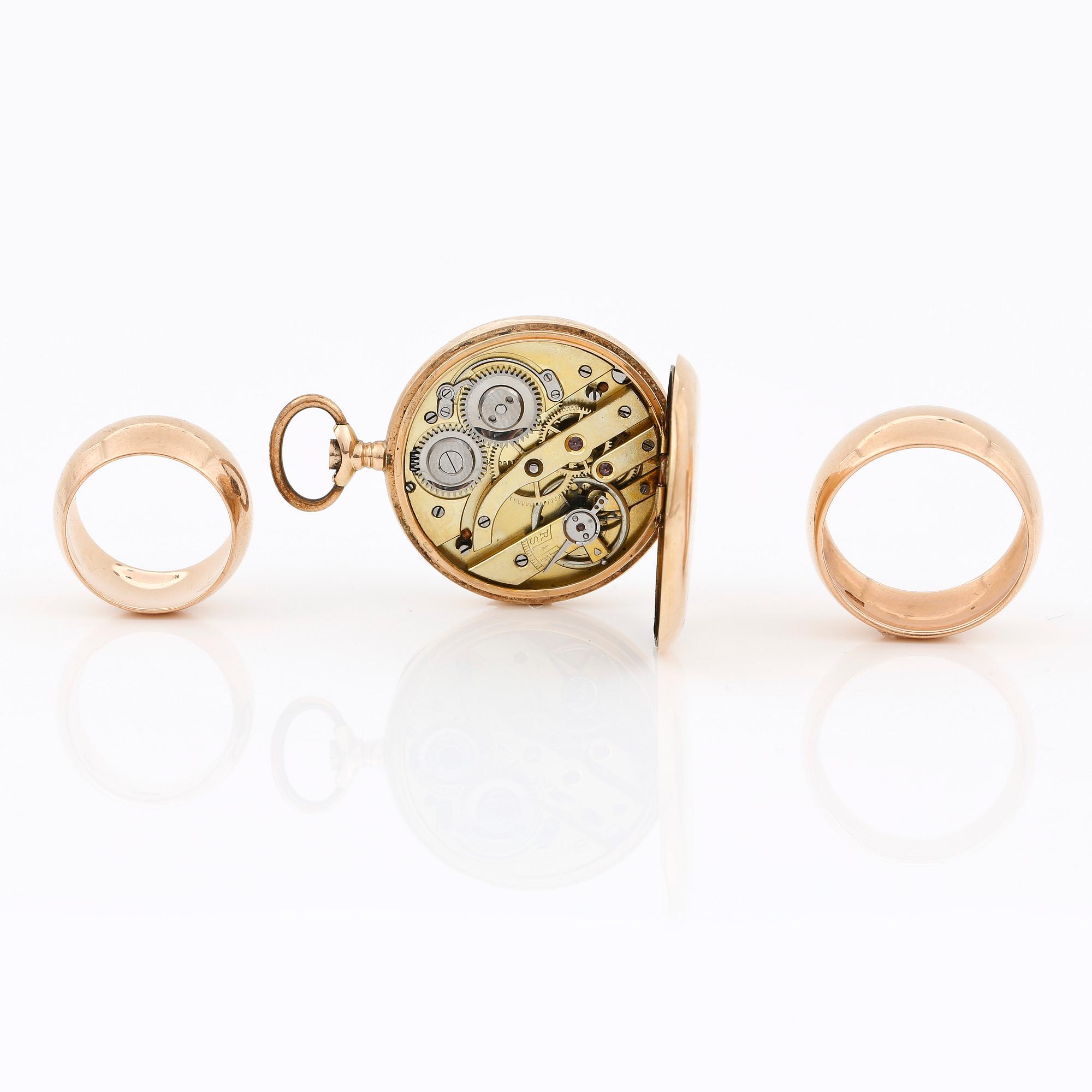 FICKUR samt RINGAR 2st, 14K guld, total vikt ca 43g.
