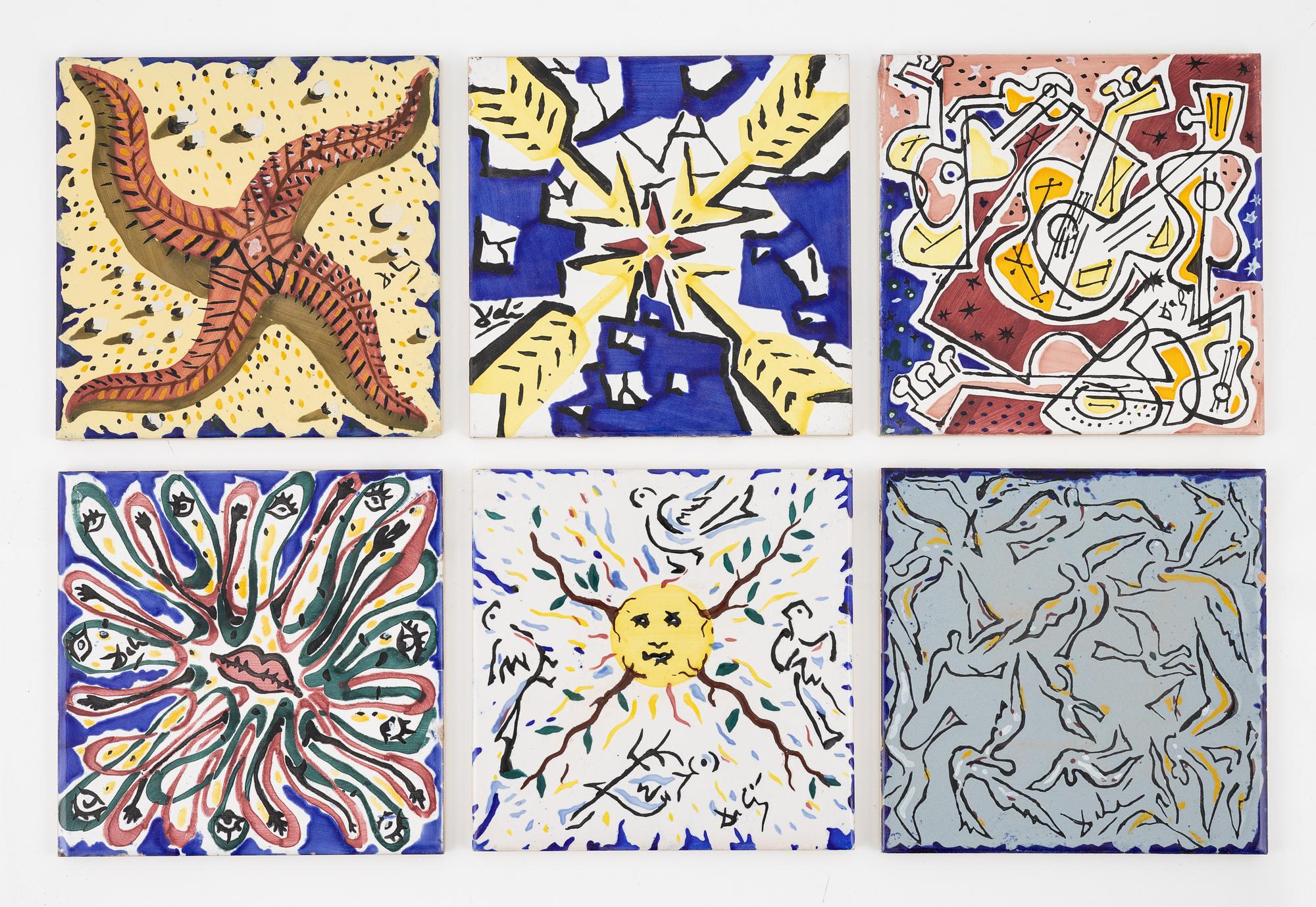 Salvador Dalí, A set of six earthenware tile plates, after Salvador Dalí, late 20th century.