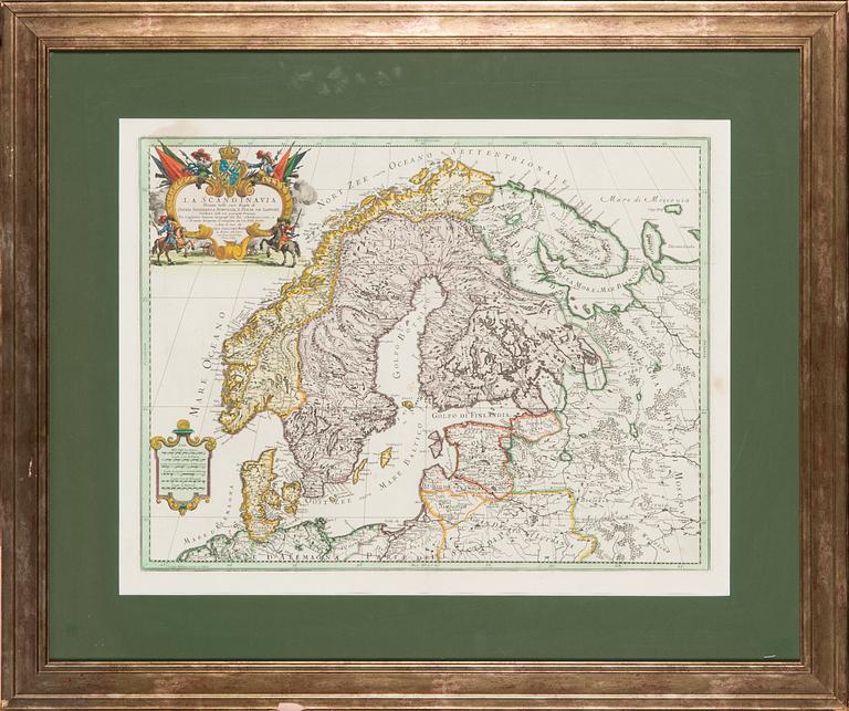 Karta, La Scandinavia, handkolorerat, kopparstick, Giacomo Rossi 1689.