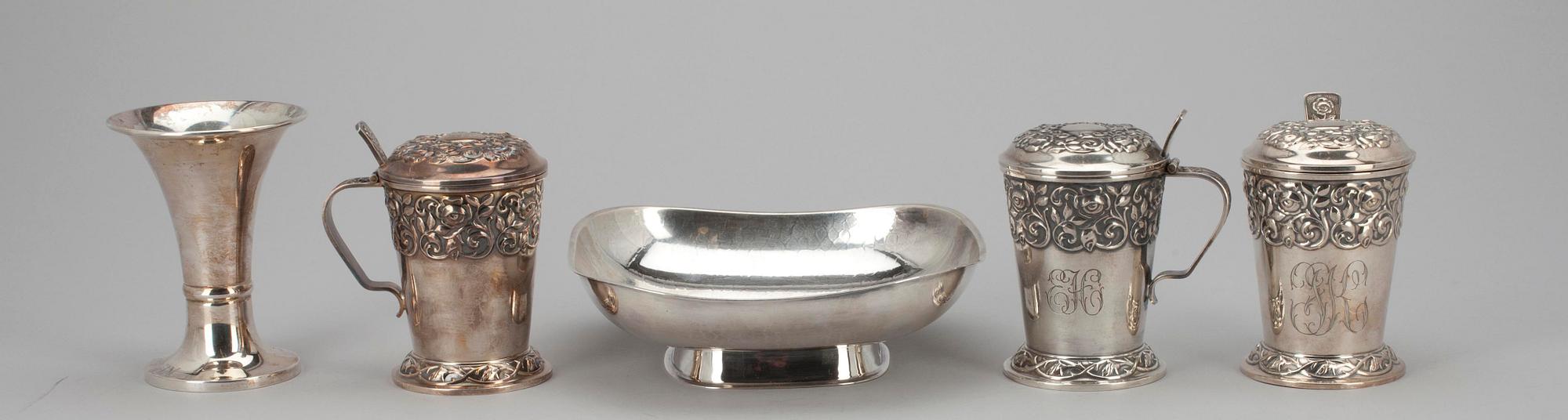 MUGG, 3 st, LJUSSTAKE, SKÅL, silver, vikt tot. 638 g.