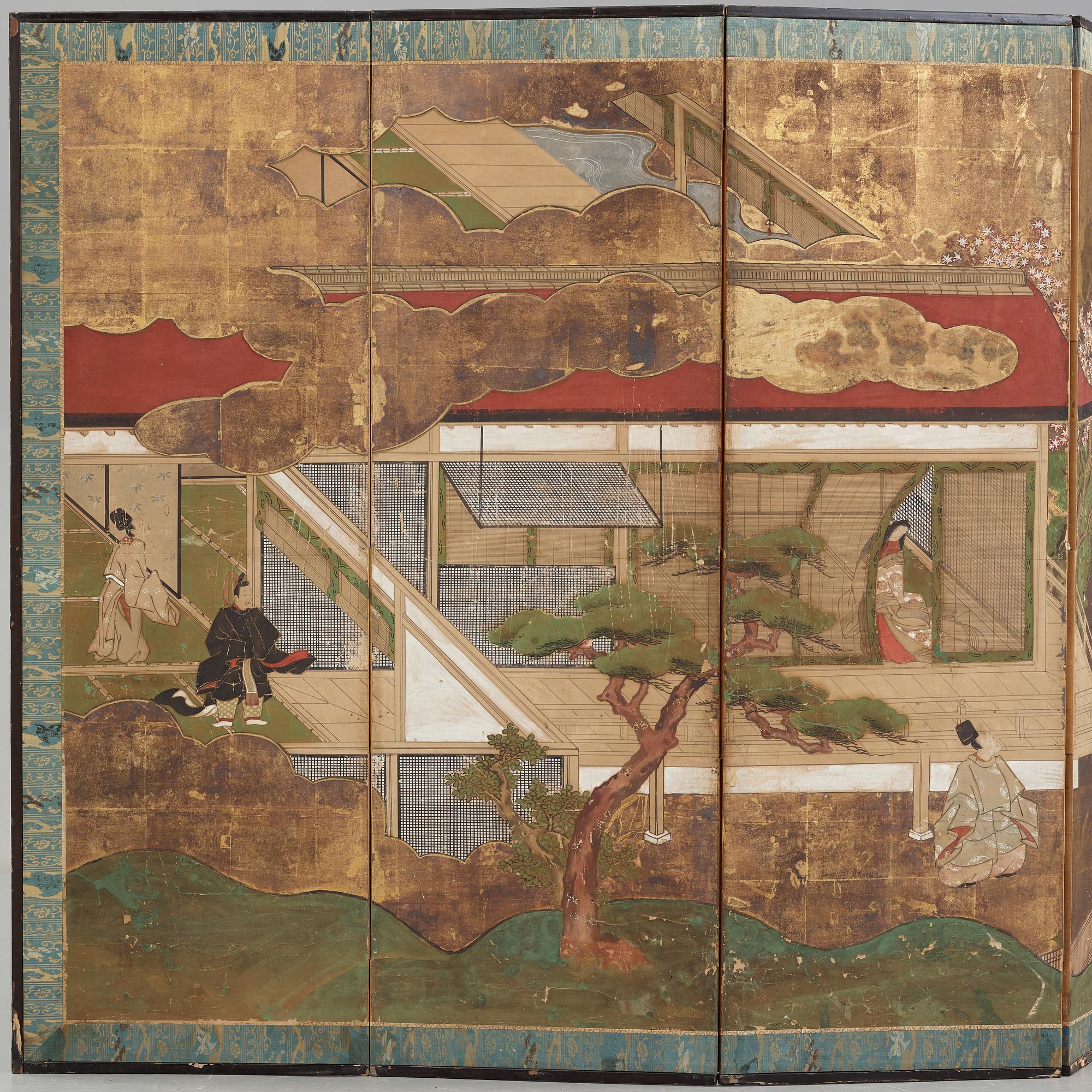 A Japanese six fold screen, Meiji (1868-1912).