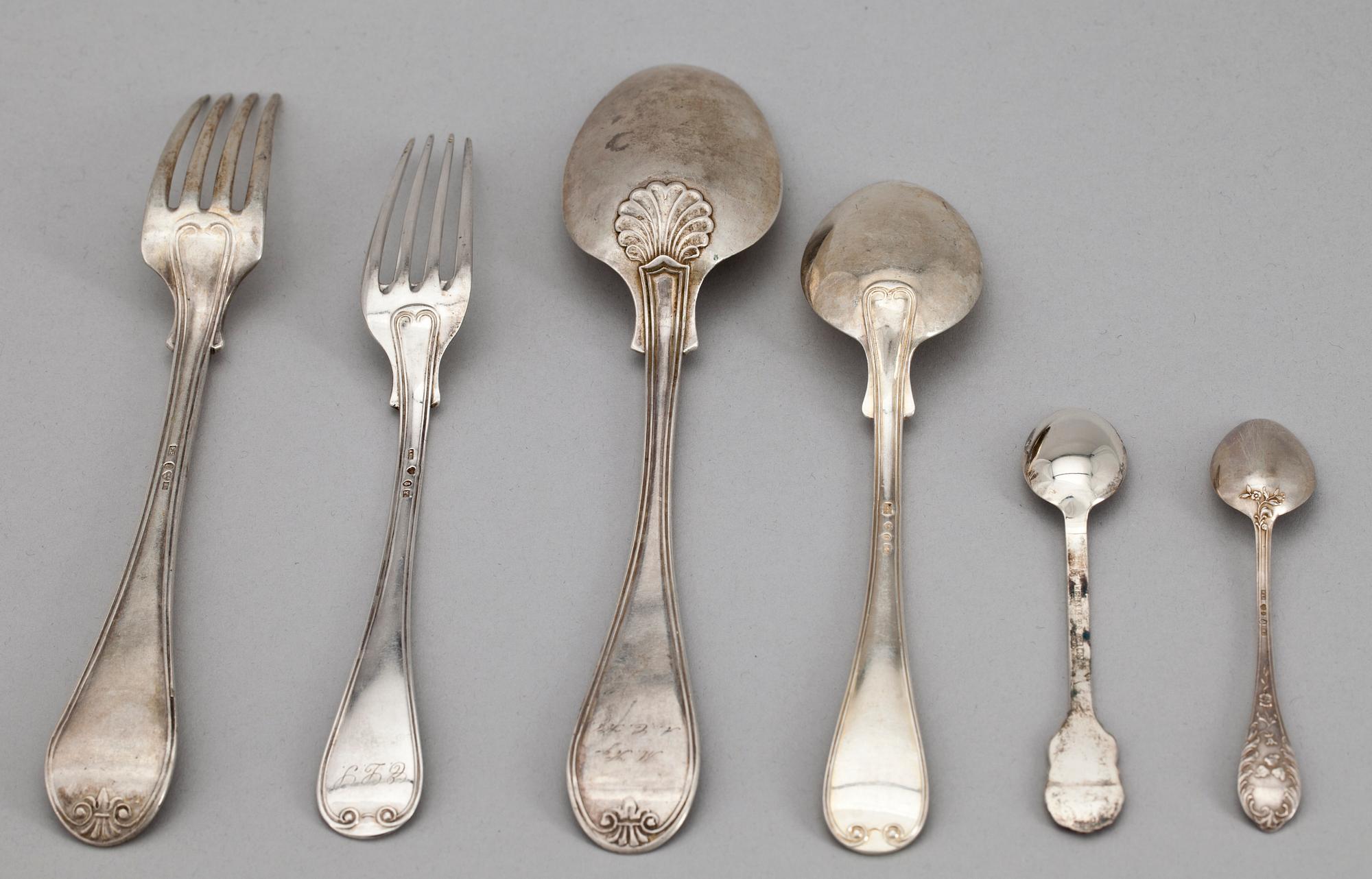 PARTI SILVERBESTICK, bla JE Torsk, Stockholm. 1800-1900-tal. Tot vikt 1090 g.