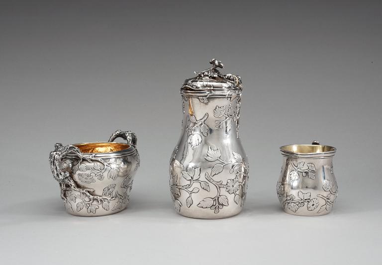 A Swedish 19th century parcel-gilt four piece coffée-set, makers mark of Gustaf Möllenborg, Stockholm 1849.