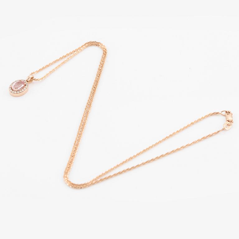 Pendant with chain in 14K rose gold with a faceted morganite and round brilliant-cut diamonds.
