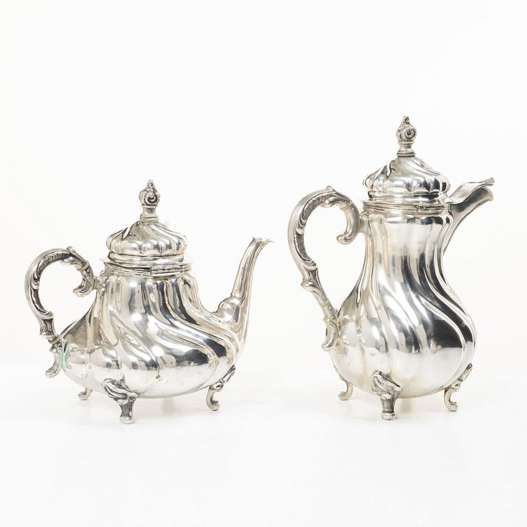Coffee and tea service, 4 pieces, silver, Rococo style, Germany, 20th century.