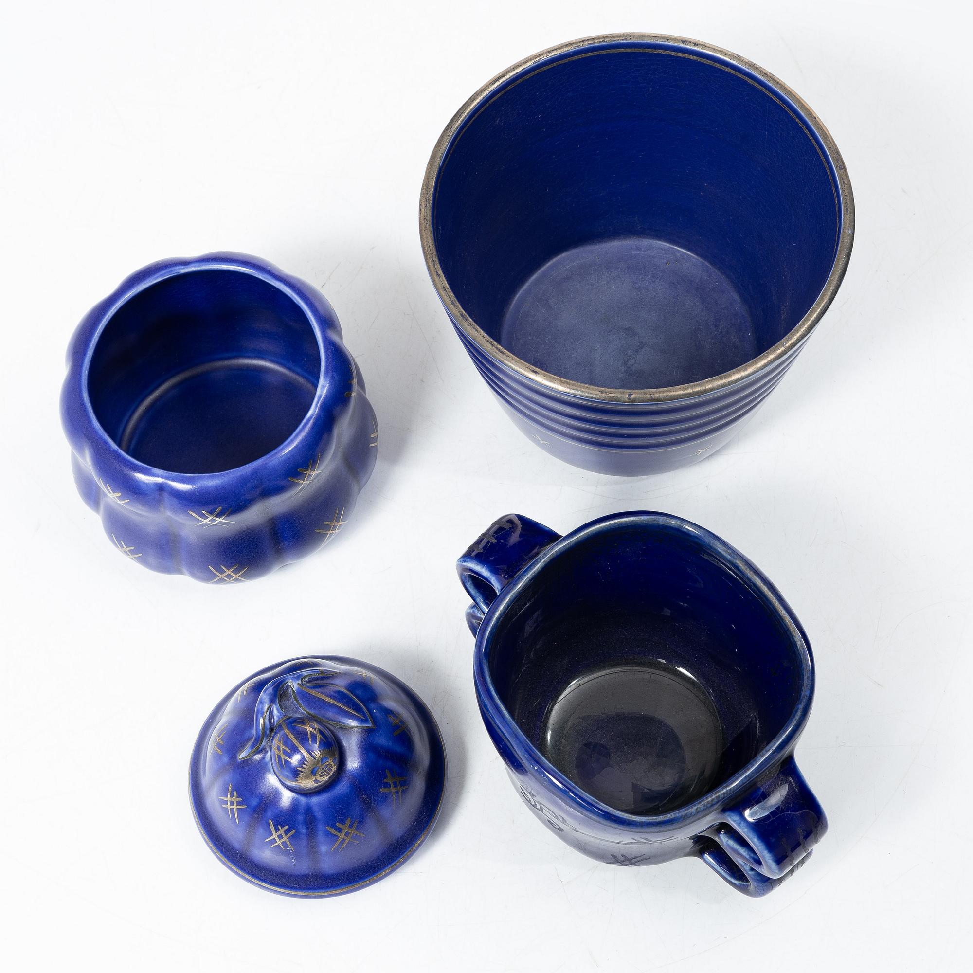Wilhelm Kåge, a vase, jar with cover, flower pot and plate, Gustavsberg, Sweden, 1924-1930.
