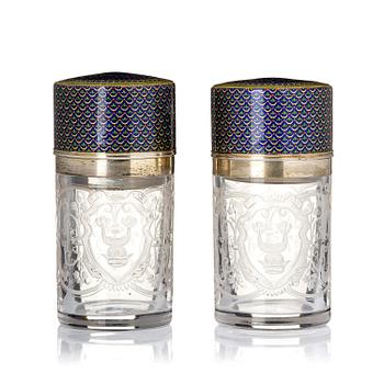 522. A pair of engraved and glass flacongs with gilt enamelled covers, France/Russia, 19th century.