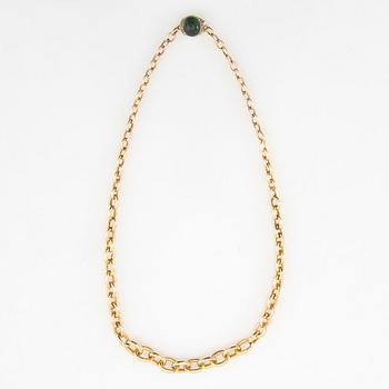 Necklace 18K gold with a cabochon-cut green tourmaline and rose-cut diamonds.