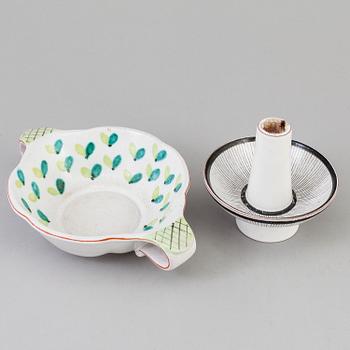 A Stig Lindberg faience candle-stick and  a bowl, 1940's.