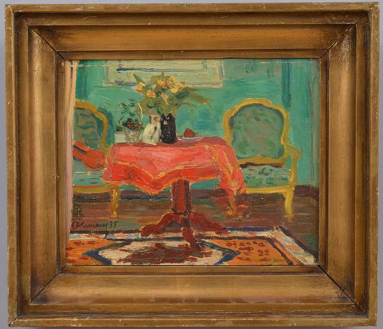 Roger Marcel Limouse, INTERIOR WITH A RED TABLE CLOTH.