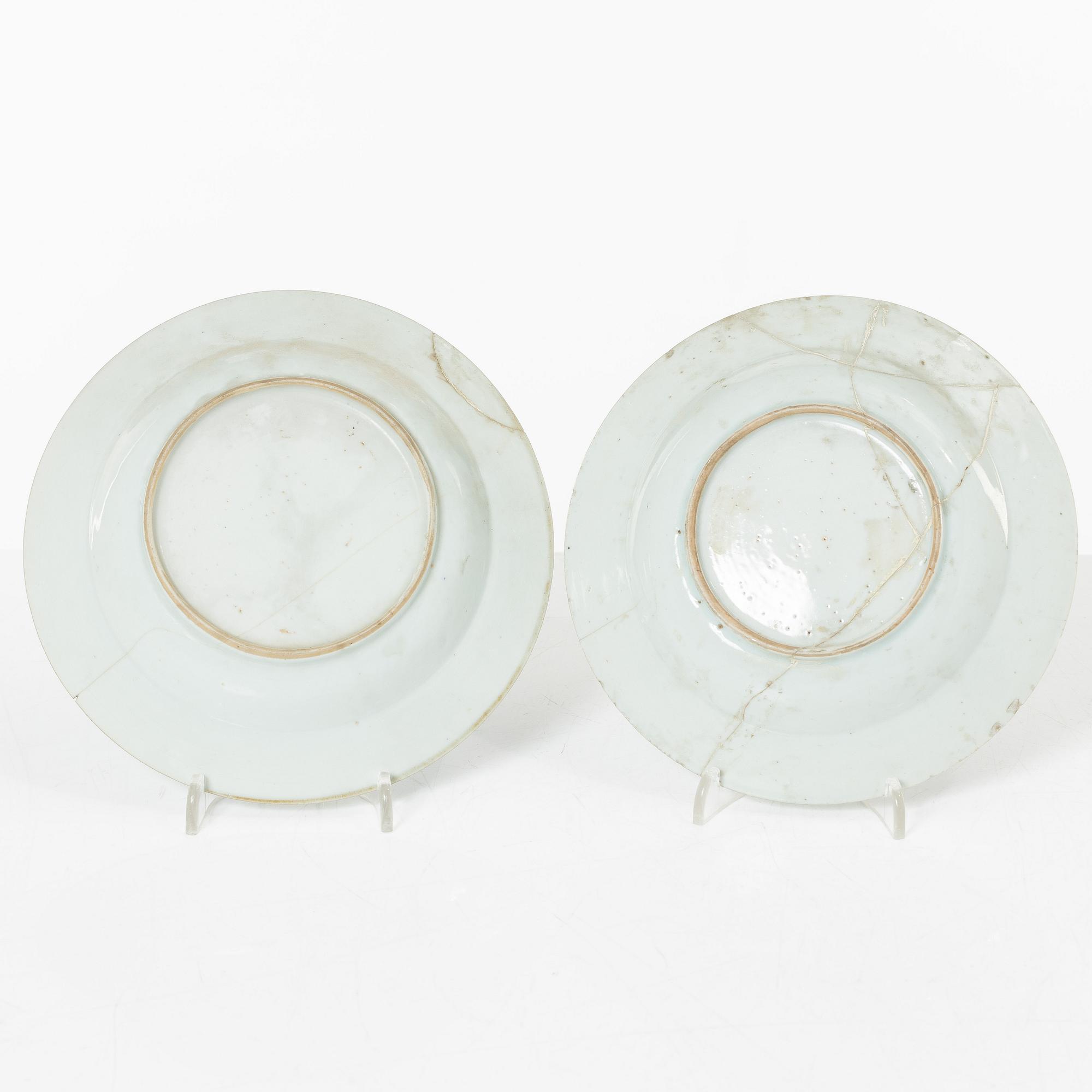 A group of three Chinese blue and white porcelain serving dishes and five dessert plates, Qing dynasty, Qianlong(1736-95.