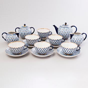 A 10-piece Lomonosov 'Cobalt Net' porcelain tea set, Made in USSR.