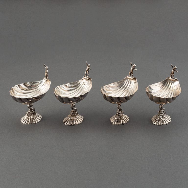 Saltkar, 4 st, silver, Svenska importstämplar. Barock-stil.