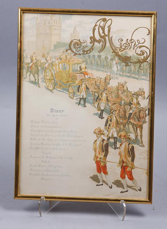 MENU, tryck, Nikolaj II:s kröning Moskva 25 maj 1896.